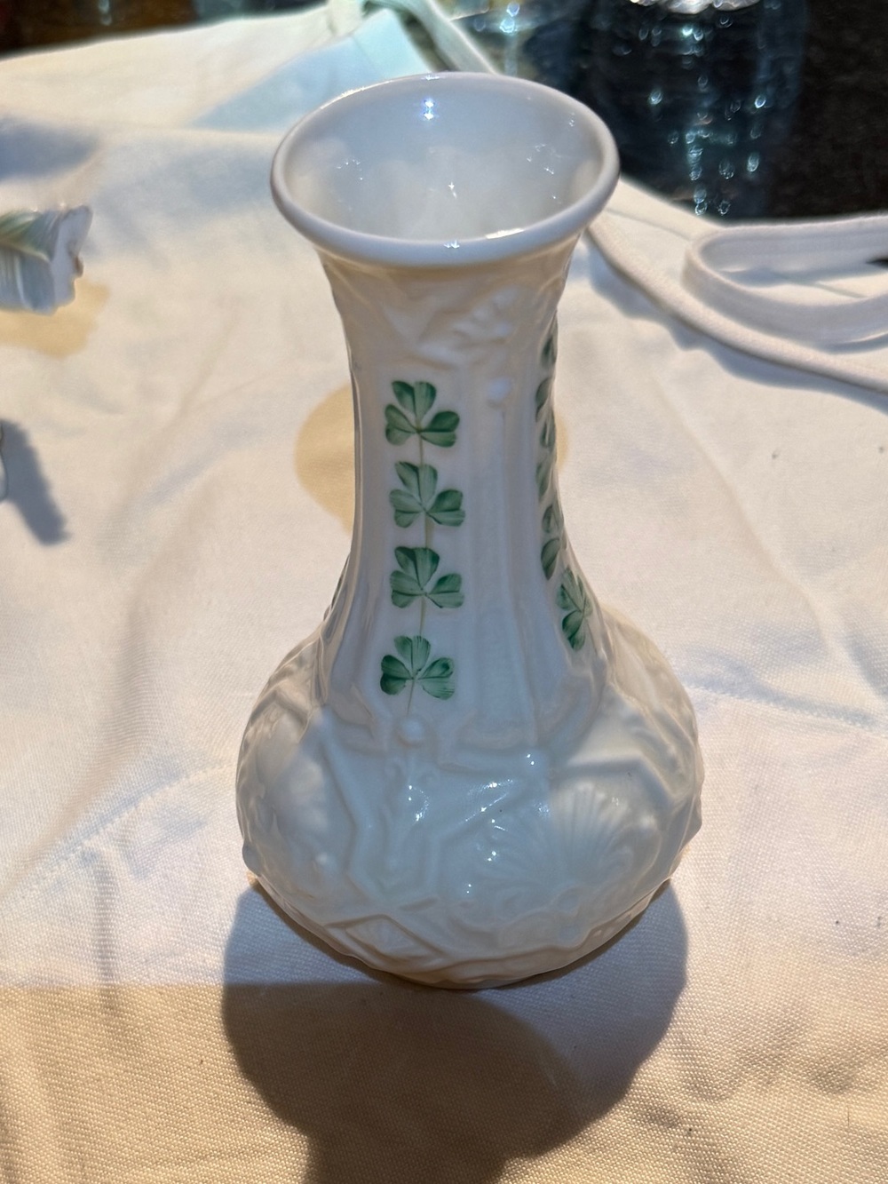 Belleek White Porcelain Bud Vase with Green Shamrock Motif